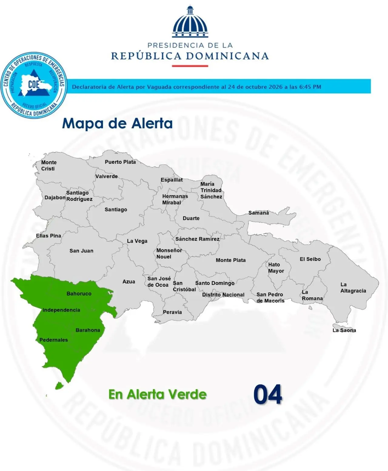 COE coloca cuatro provincias en alerta verde por posibles lluvias